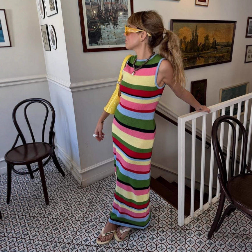 Slimming Sleeveless Rainbow Striped Knitted Maxi Dress for Women Dress Casual Waist Tight