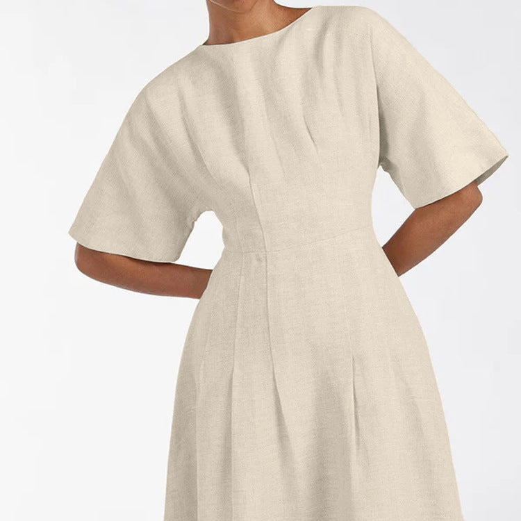 Women Clothing Simple Casual A line Dress Cotton round Neck Short Sleeve Waist Controlled Dress