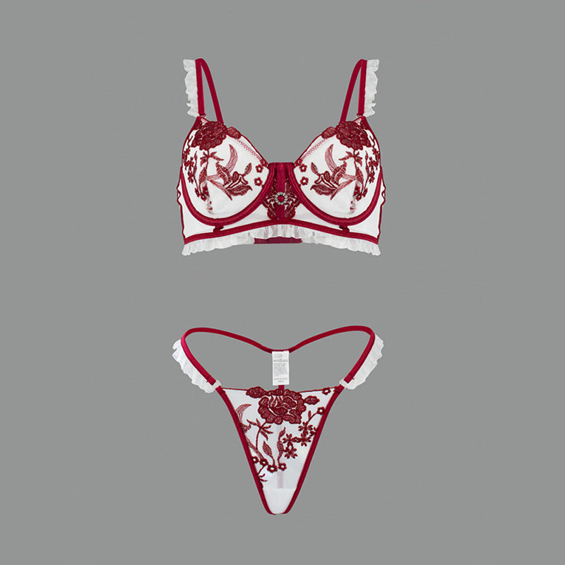 Sexy Lingerie Women Suit Embroidered Lace See Through Sexy Low Waist Thin Strap T Back Two Piece Set Direct