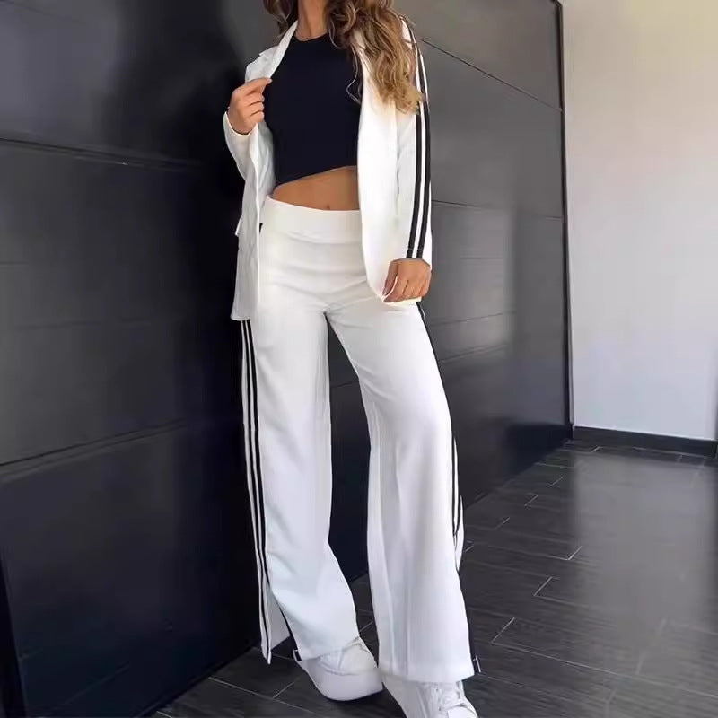 Autumn Winter Women Casual Polo Collar Suit Wide Leg Pants Two Piece Suit