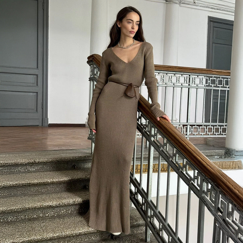 Solid Color Long Sleeve Dress Women Autumn Winter Elegant V neck Slim Hip Knitwear Dress