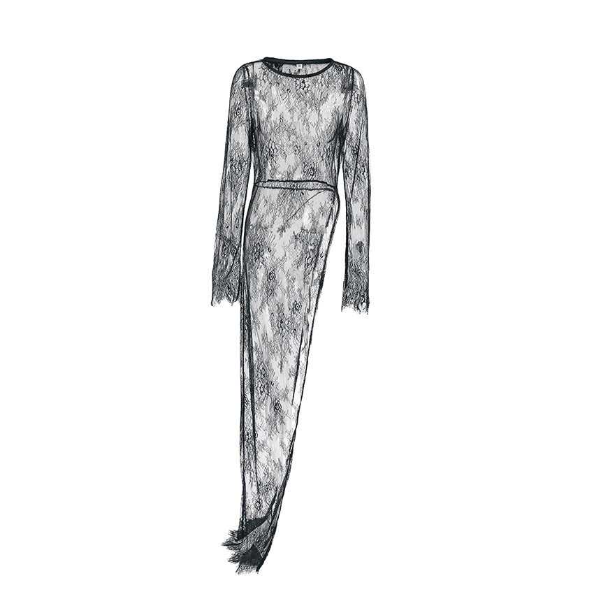 Sexy Black See through Dress Brocade Lace round Neck Long Sleeve Split Asymmetric Dress Summer All Matching Maxi Dress