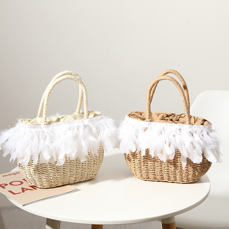Straw Bag Women Fairy Feather Model Straw Bag Woven Bag Handbag Travel Bag Vacation Beach Bag