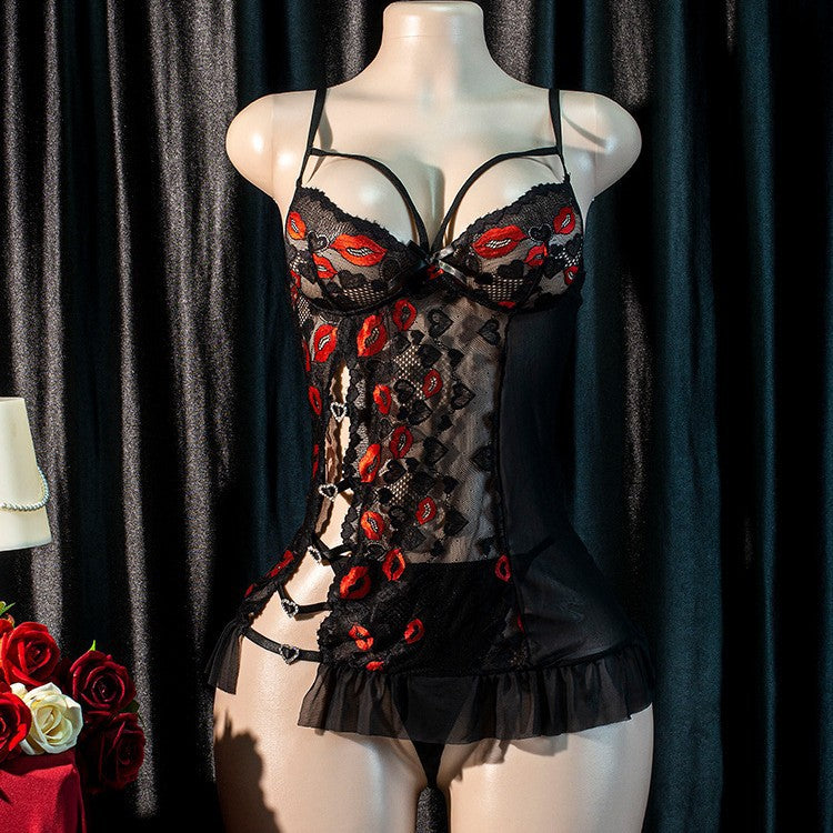 Women Sexy Underwear Sexy Sexy Lace Lip Printings Embroidery Split See through Two Piece Sets