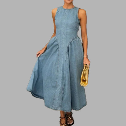 Summer Solid Color round Neck Mid Length Cinched Sleeveless Vest Dress Women