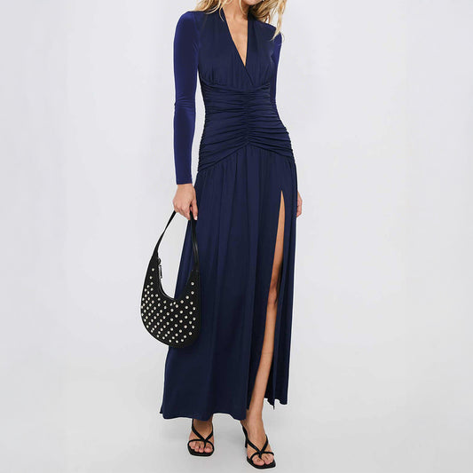 Women Clothing Autumn Winter Elegant Deep V Plunge Long Sleeve Dress