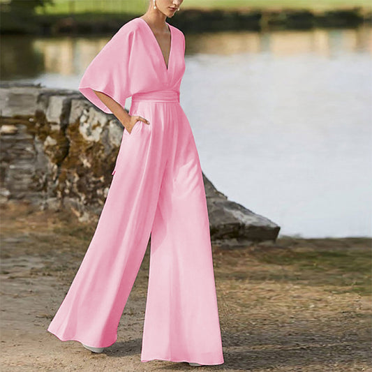 Winter Women Dress Jumpsuit Deep V Plunge High Waist Wide Leg Trousers