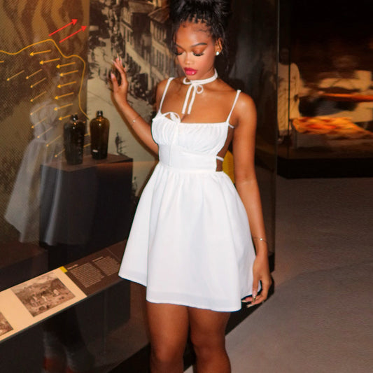 Simple Women Pleated Solid Color A line Dress Backless Lace up Boat Neck Short Dress