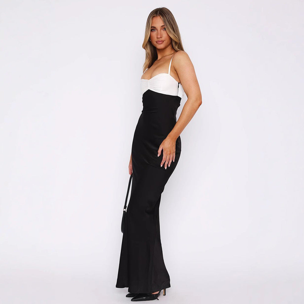French Contrast Color off Shoulder Tube Top Cinched Waist Slim Sexy Bag Hip Length Dress