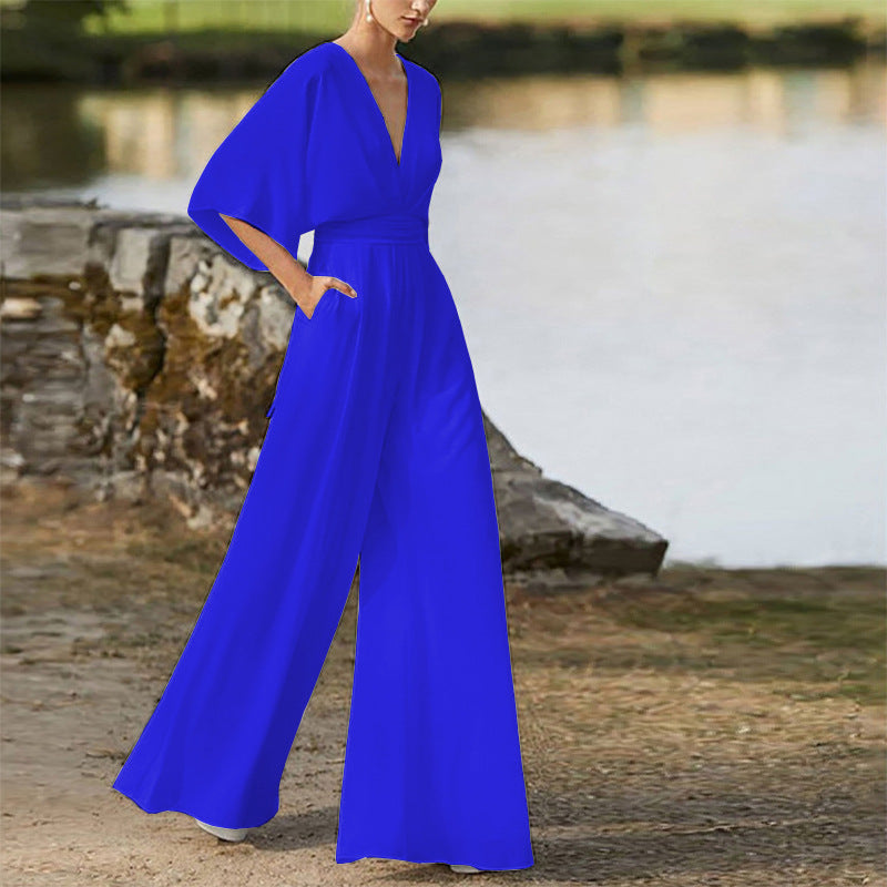 Winter Women Dress Jumpsuit Deep V Plunge High Waist Wide Leg Trousers