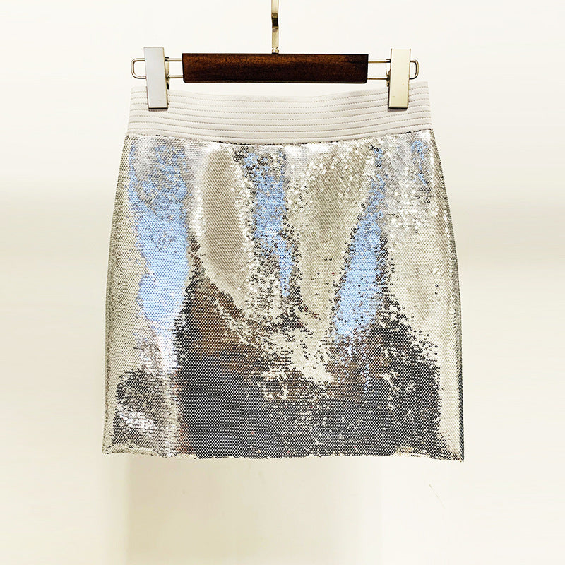 Metallic Coated Fabric Goods Personality Bling Bling Shiny Sequ Short Suit Mid Length Skirt Set Two Piece Set