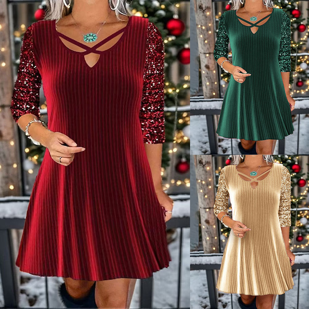 Women Clothing Solid Color V-neck Long Sleeve Sequin Casual Dress Women