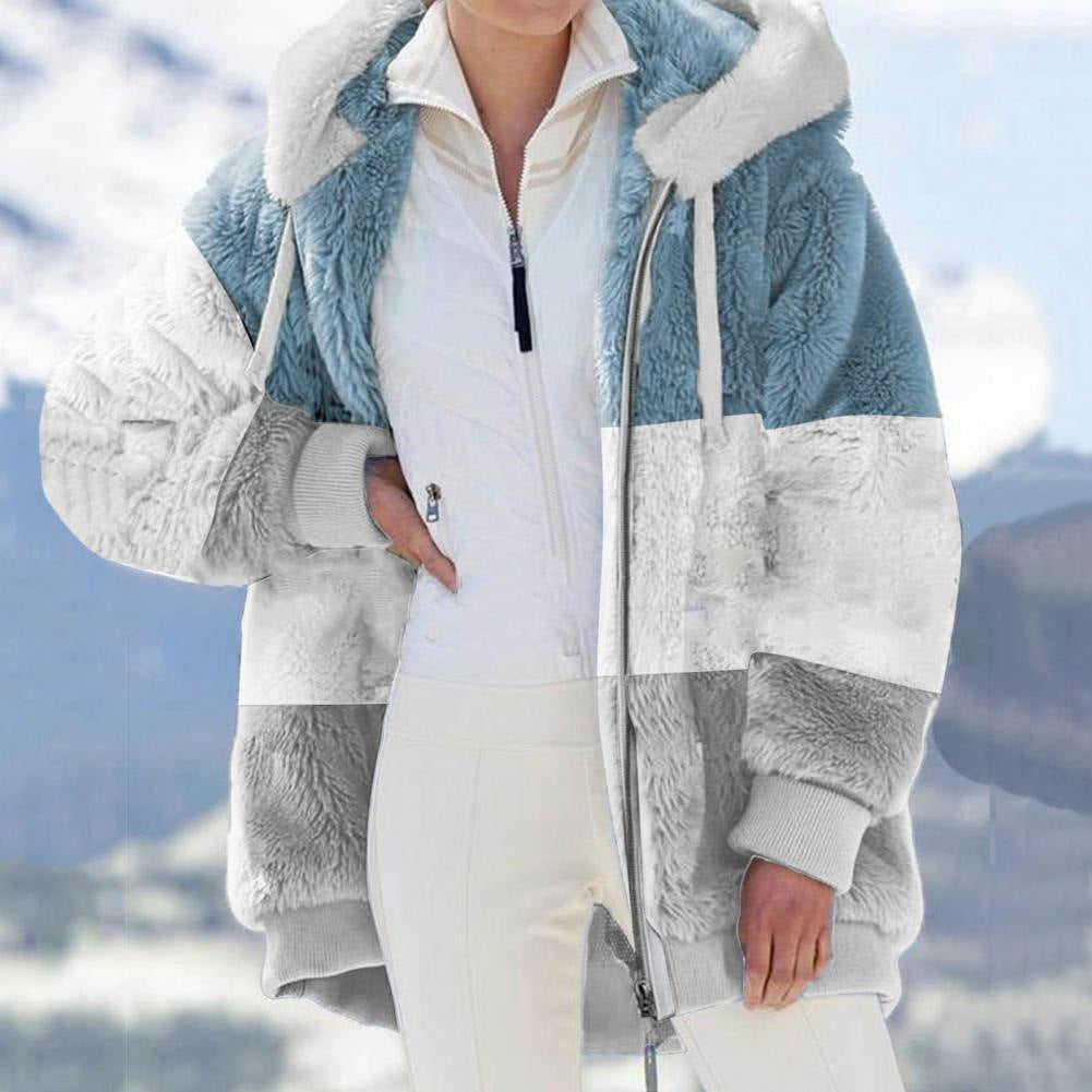 Autumn Winter Warm Plush Patchwork Zipper Pocket Hooded Loose Coat Women