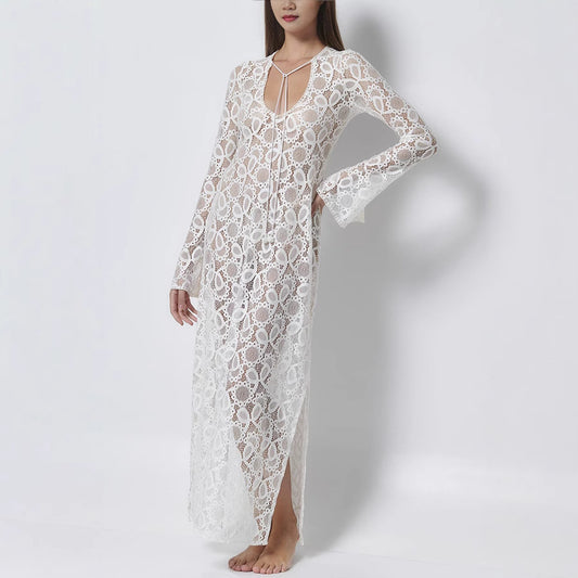 Spring Summer Long Sleeve See through Lace up Dress Loose Vacation Split Dress