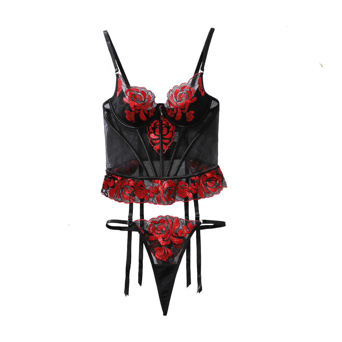 Contrast Color Lace Embroidery Corset See through Body Shaping Sexy Underwear Split Set