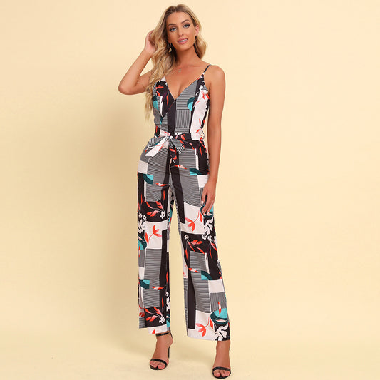 Jumpsuit Women Spring Summer Print Sexy Backless Deep V Plunge Neck Strap Lace Up Jumpsuit