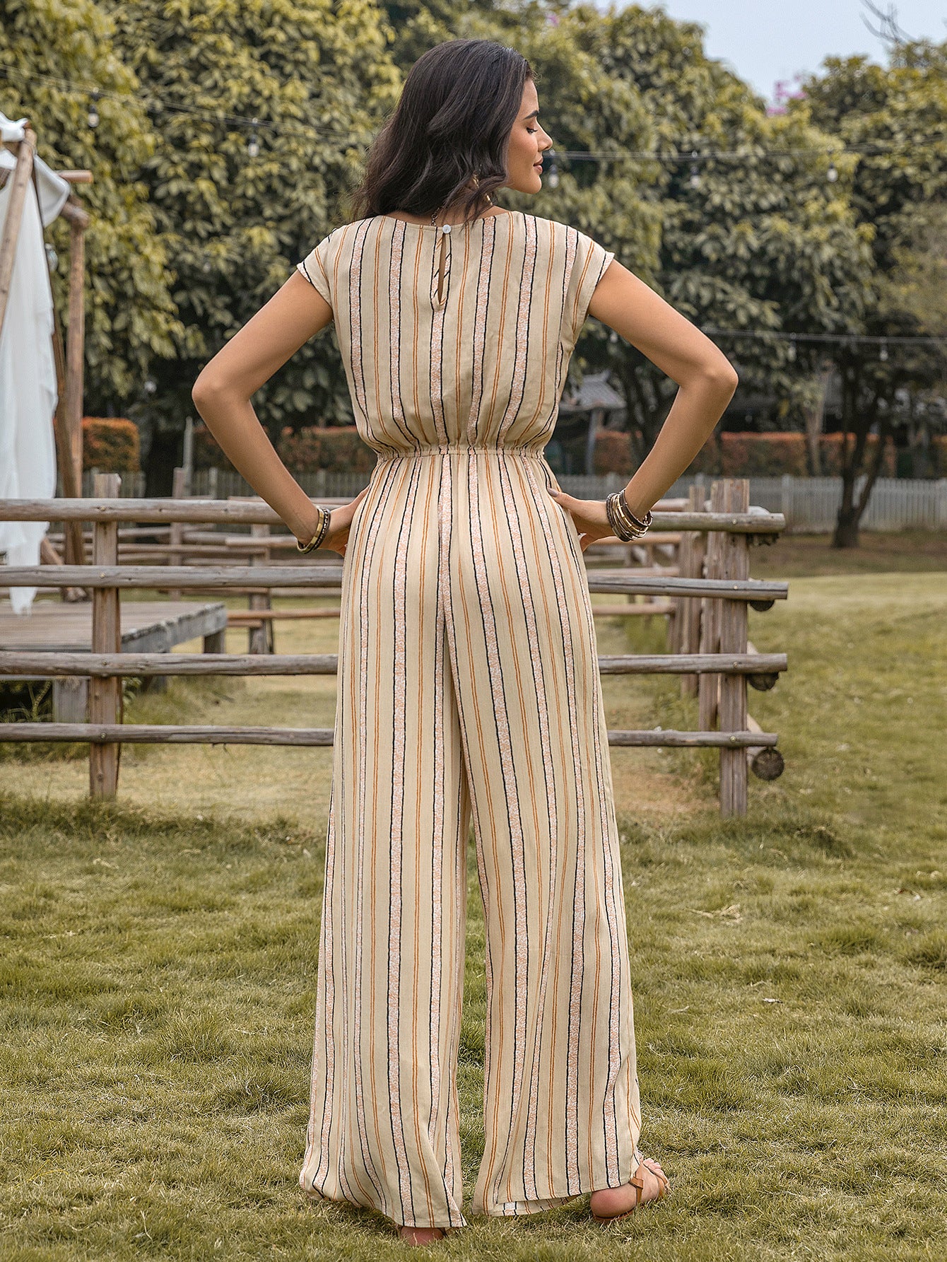Vertical Stripes Printed V Neck Waist Slimming High Elegant Retro Casual Women Jumpsuit