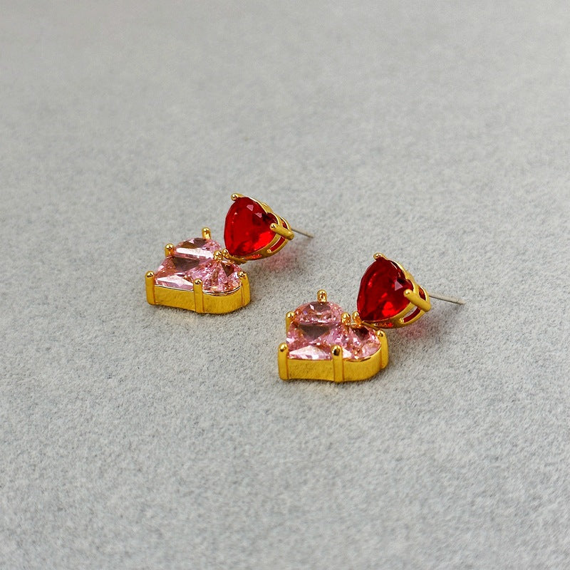 Double Love Shiny Earrings Special Interest Light Luxury High Grade Elegant Zircon Inlaid Graceful Earrings - Wanita Store