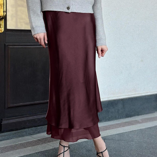 Women Clothing Satin Skirt Women Spring Summer Patchwork Mesh Double Layer Design Sheath - Wanita Store