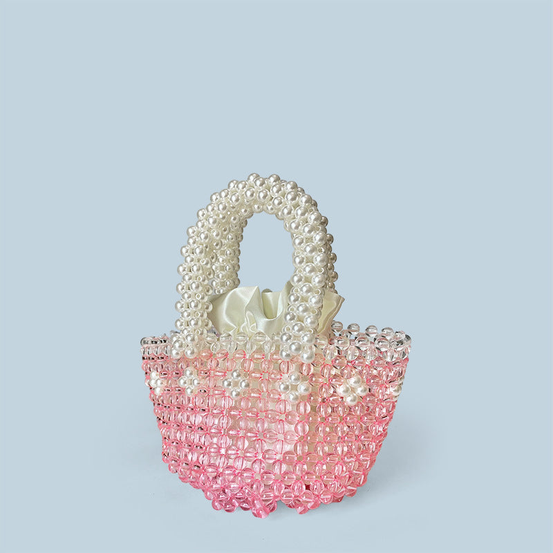 Spring Summer Beach Bag Beaded Pink Beads Bag Steamed Crystal Bun Hand Woven Beaded Bag