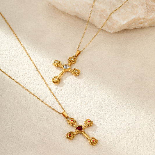 Elegance Retro Advanced Necklace Stainless Steel 18K Gold Color Diamond Rose Cross Embellished - Wanita Store