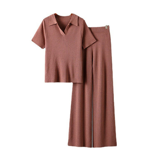 Women Clothing Polo Collar Pullover Short Sleeve Top Slimming Solid Color Wide Leg Trousers Knitted Suit