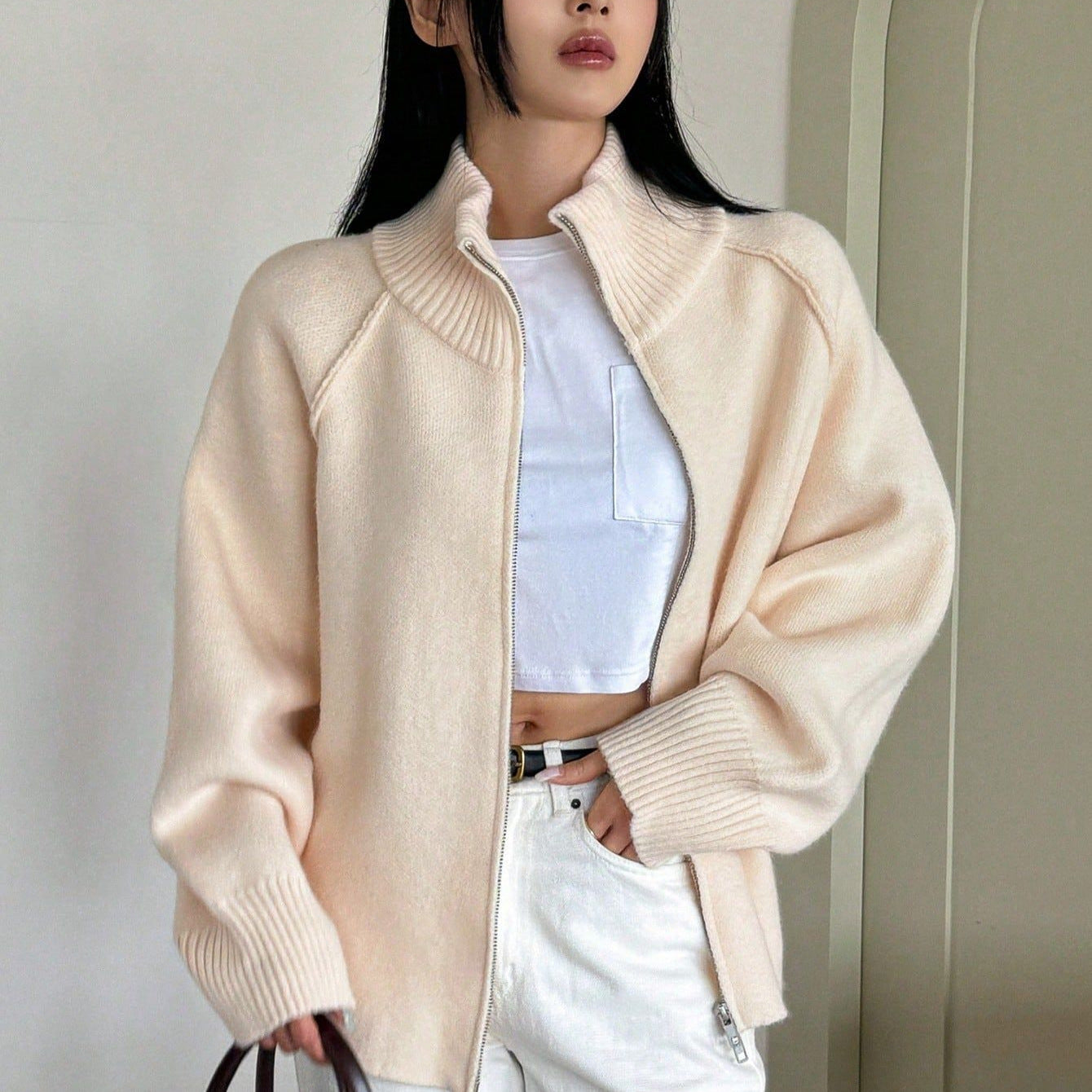 Lazy Sweater Coat Women Autumn Winter Korean Solid Color Stand Collar Zipper Knitted Cardigan Top