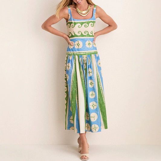 Summer Linen Positioning Printed Dress Loose Vacation Dress for Women