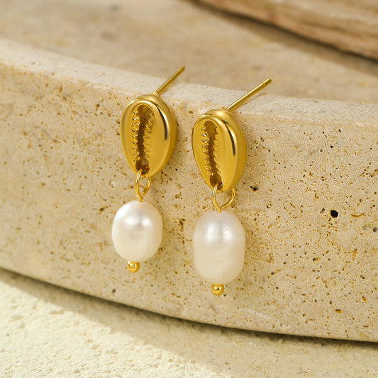 Electroplated 18K Gold Stainless Steel Crab Pincer Inlaid Freshwater Pearl Eardrops Stud Earrings High Grade Earrings - Wanita Store