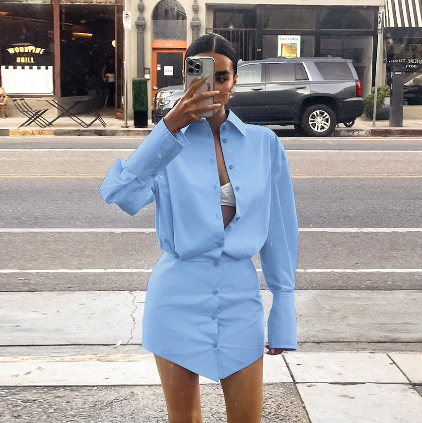Spring Summer Comely Blue Loose Fitting Collared Shirt Sleeve Sheath Slim Dress Pencil Women
