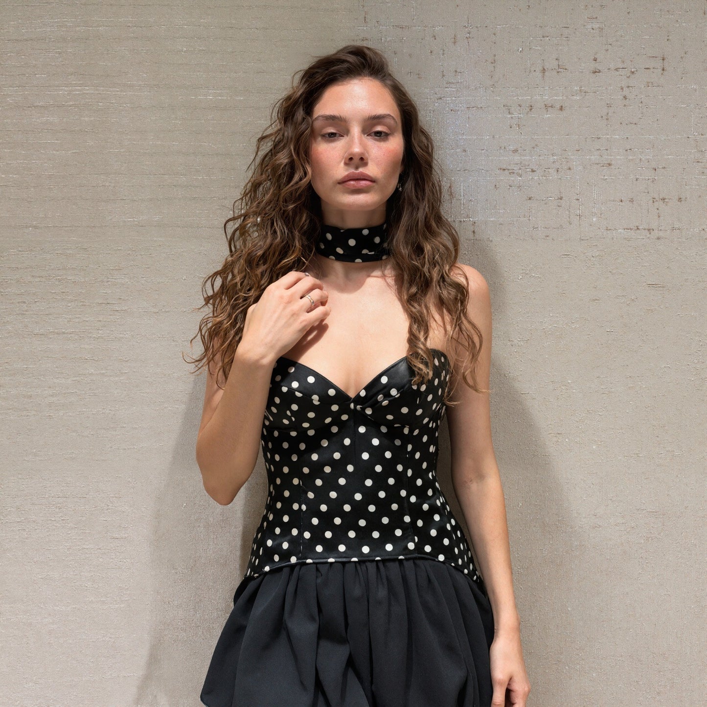 Fall Women Clothing V neck Sexy Polka Dot Color Matching Ribbon Slim Dress