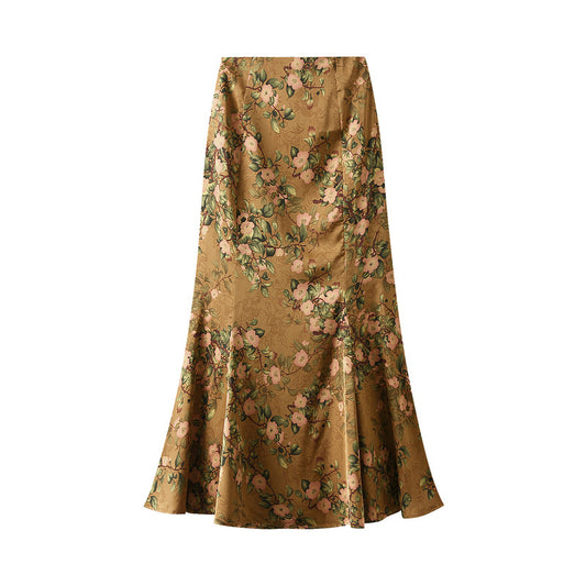 Women Skirt Summer Vintage Printed Fishtail Skirt High Waist Slim Slimming Mid Length Hip Wrapping Skirt