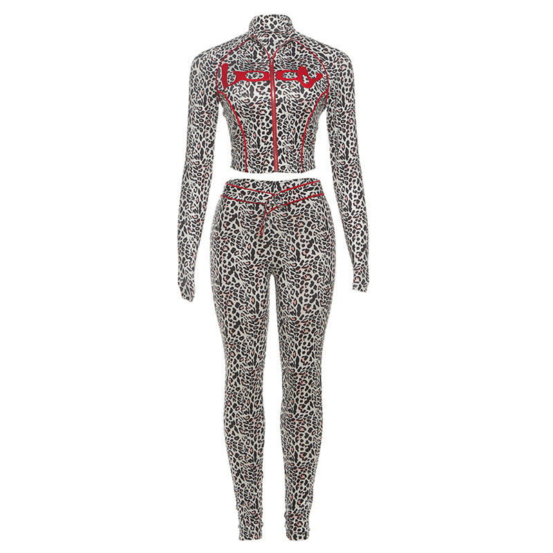 Fall Women Clothing Personalized Printed Stand Collar Top Sexy Leggings Set