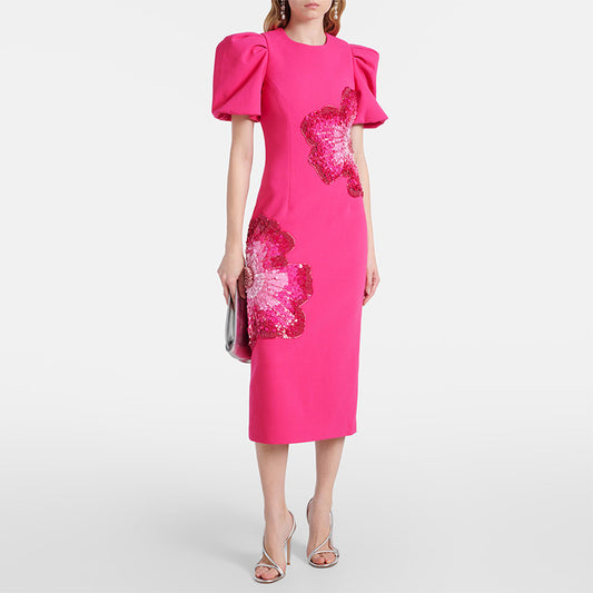 Heavy Industry Beads Sequined Three Dimensional Floral Short Sleeve Dress Small Dress