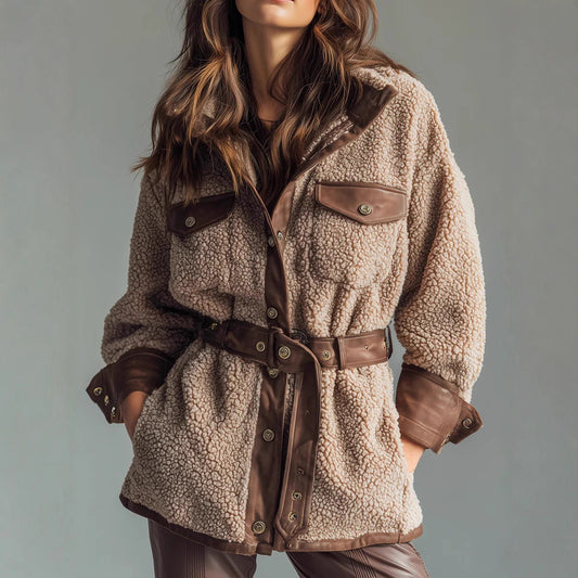 Autumn Winter Women Clothing Thickened Lamb Buy Stitching Faux Leather Pocket Leather Belt Retro Coat