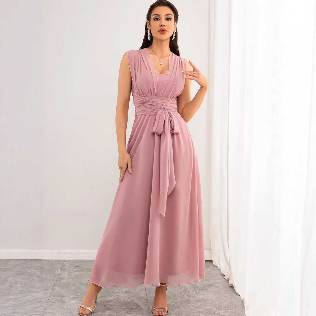 Women Clothing Sexy Backless Chiffon Pink Dress Maxi Dress Summer