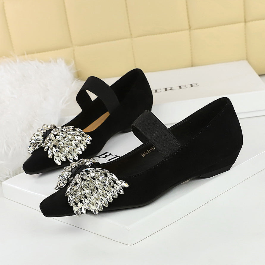 Women KoreanLight Luxury Elastic Band Slip on Women Low Heel Shoes Dazzling Rhinestone Bow Wedge Shoes
