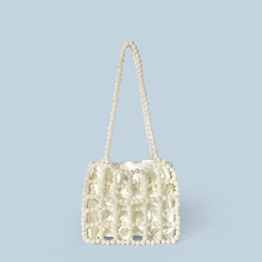 Handmade Beaded Bag All Match Shoulder Crossbody Portable Hollow Out Cutout Bag White Beads Bag