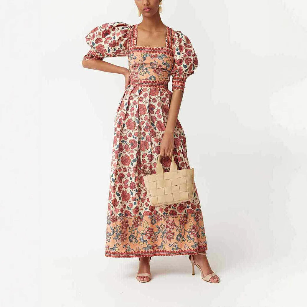 Casual Print Top Square Collar Skirt Two Piece Sets