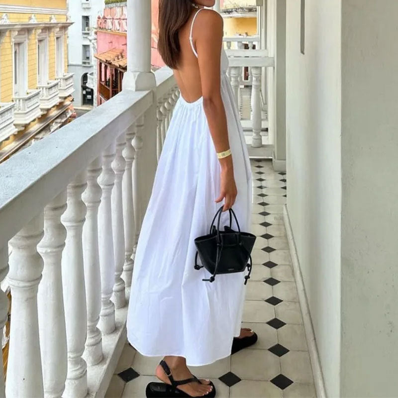Spring Women Elegant Sexy Backless Sleeveless Solid Color V neck Suspender Skirt Large Swing Dress