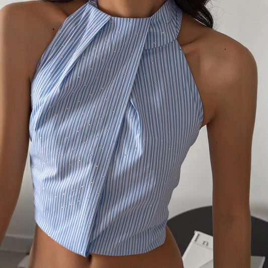 Sexy Short Jacquard Halter Backless Striped Spaghetti Straps Summer Vest for Women