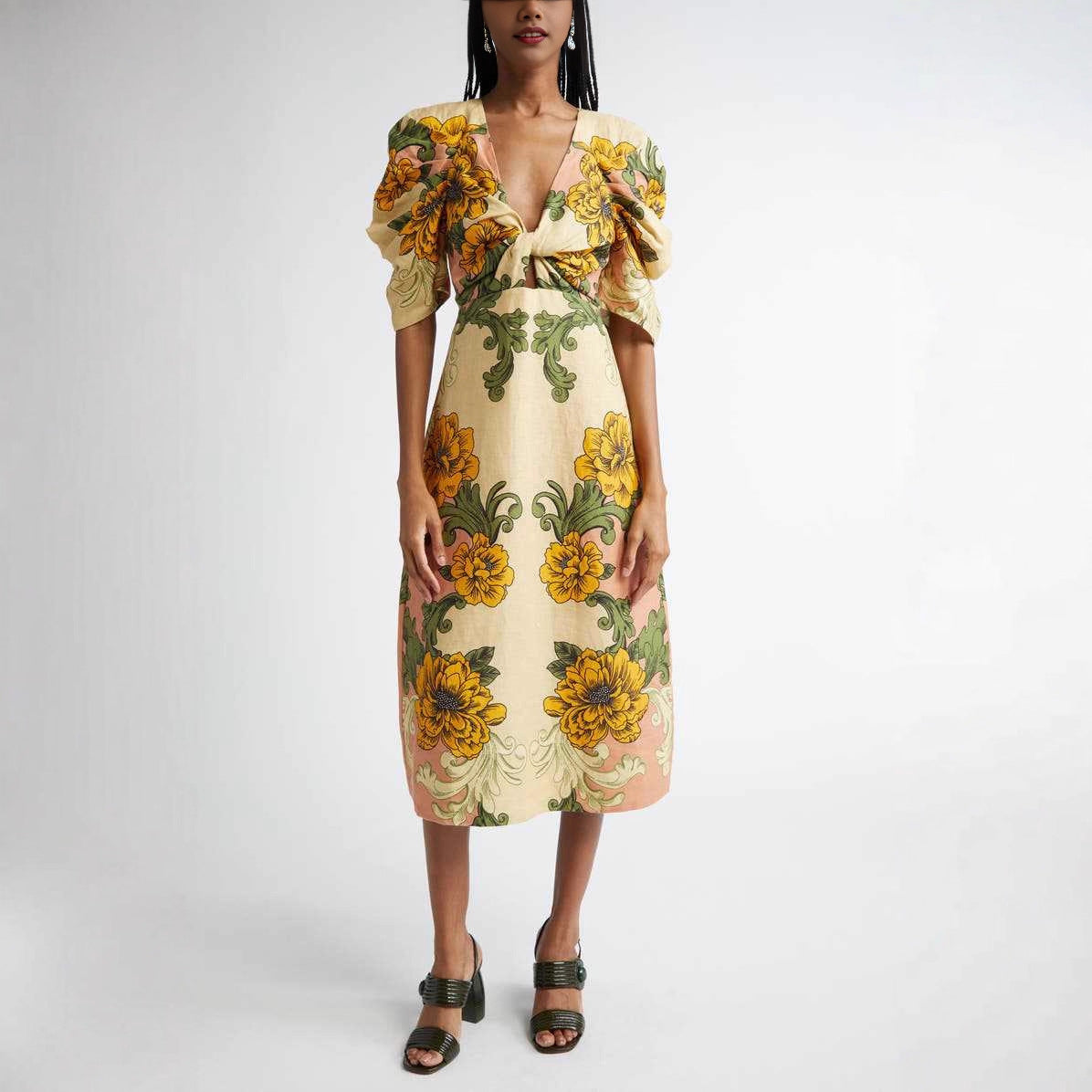 Spring Summer Linen Positioning Printing Dress Loose Vacation Women Clothing Dress