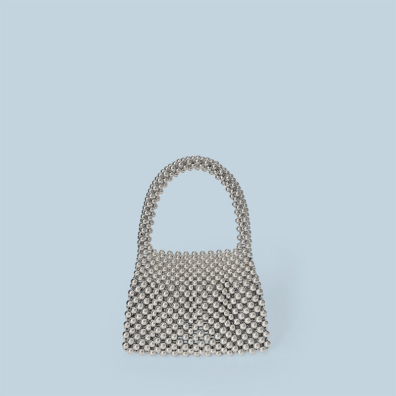 Celebrity Same Niche Vintage Metal Portable Bright Silver Generous Handmade Beaded Production Sparkle Silver Pearl Bag