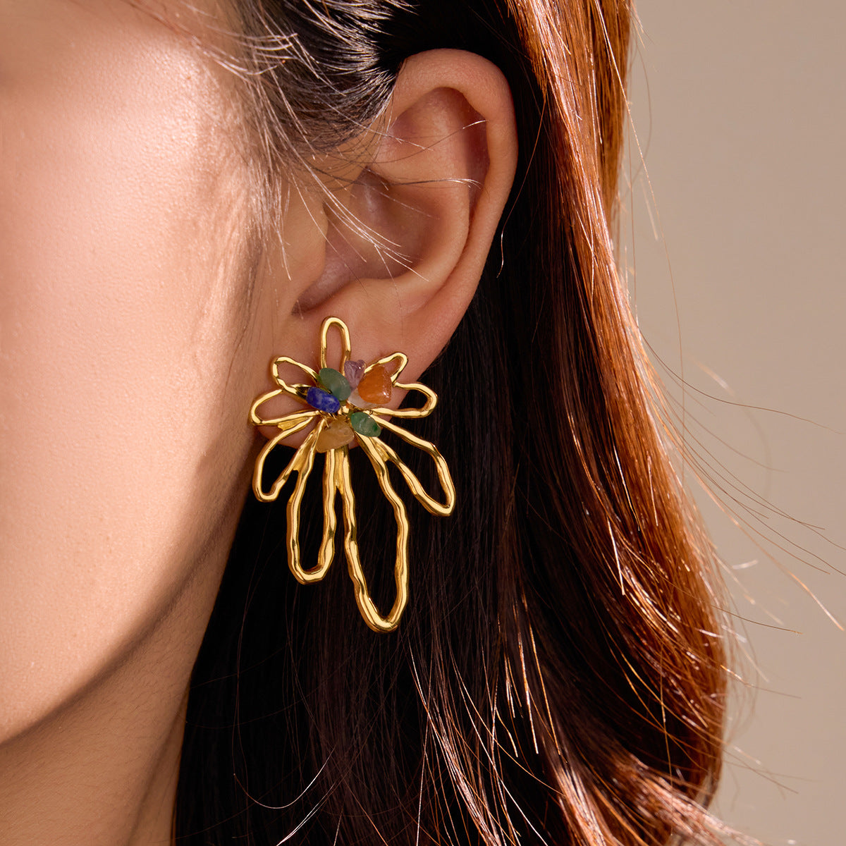 Niche High Grade Women Stainless Steel Hollow Out Cutout out Petals Inlaid Colorful Natural Stone Retro Titanium Steel Earrings - Wanita Store