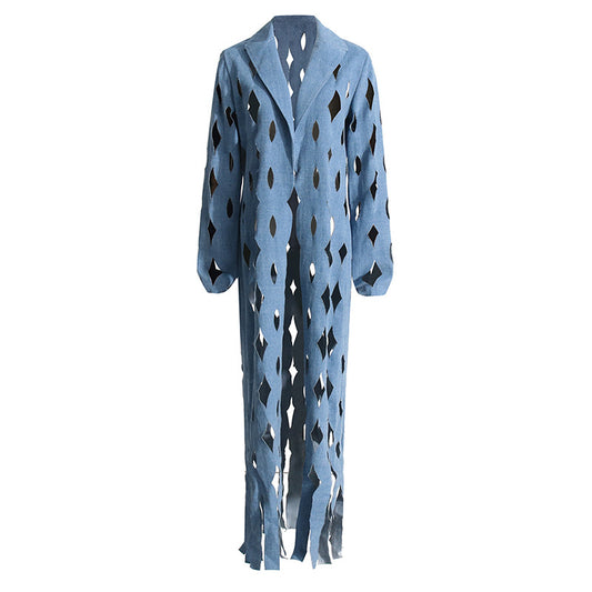 Winter Street Hipster Twisted Ripped Design Long Denim Jacket Tassel Top for Women