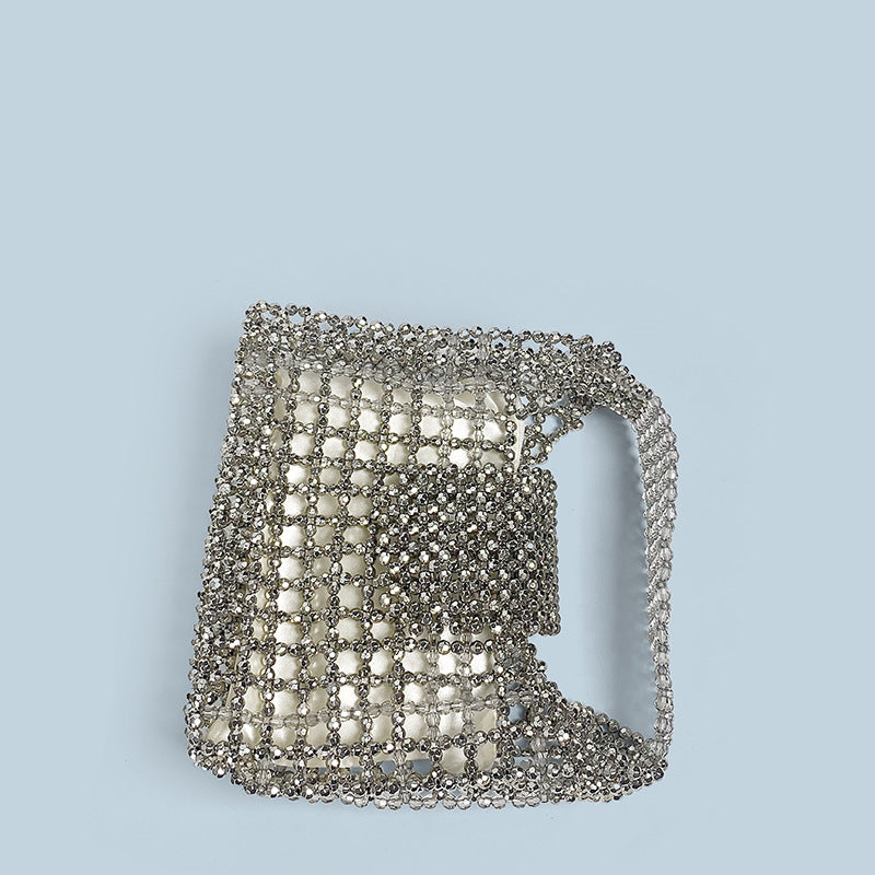 Retro Hollow Out Cutout Metal Silver Hand Woven Beads Small Square Bag Change Mobile Phone Bag Small Handbag