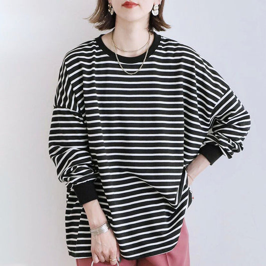 Japanese Autumn Winter Striped Sweatshirt Women Loose Cotton Large Version Bottoming Top Women