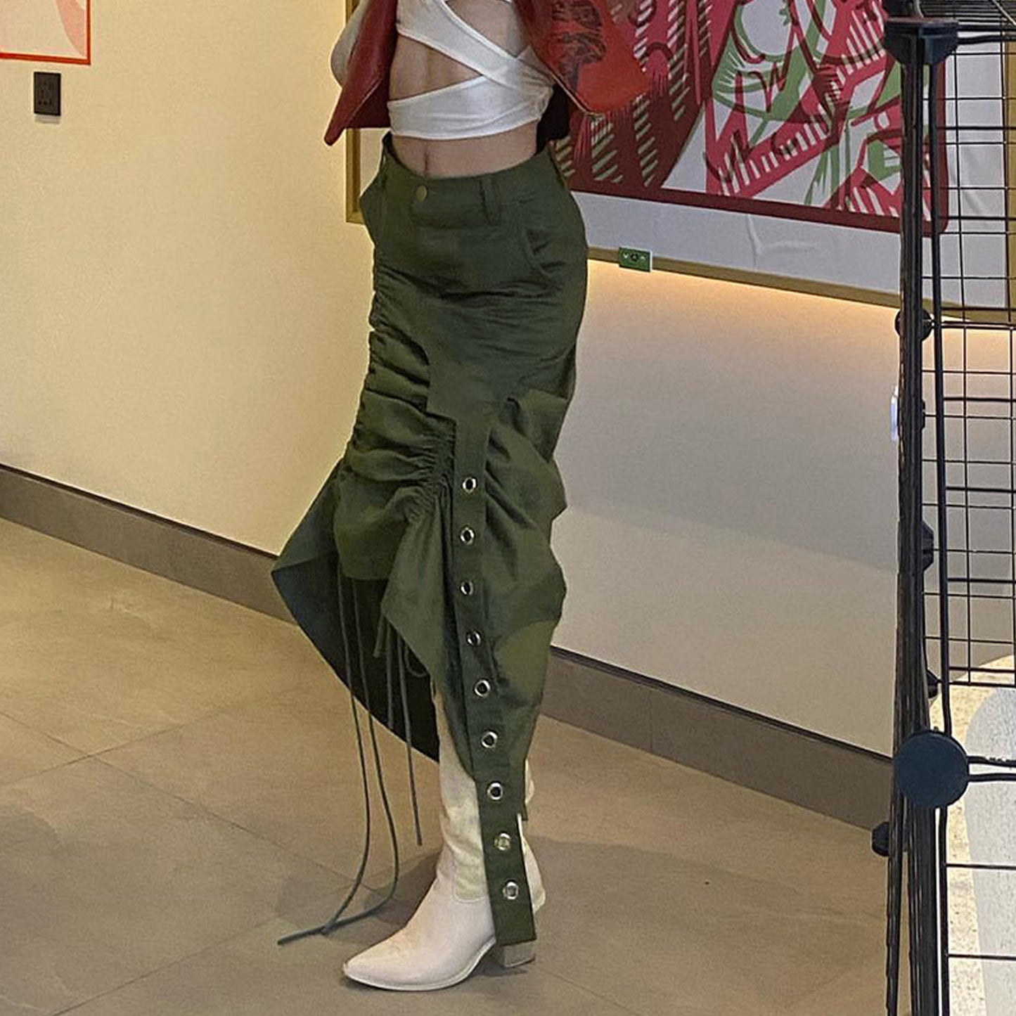 Women Drawstring Skirt Millennium Side Pleated Tie Irregular Asymmetric Skirt