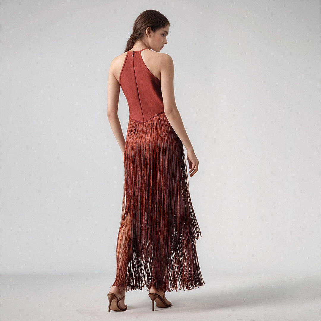 Design Tassel Sleeveless Waist Tight Bandage One Piece Dress Ladies Party Stage Performance Dress Women Clothing