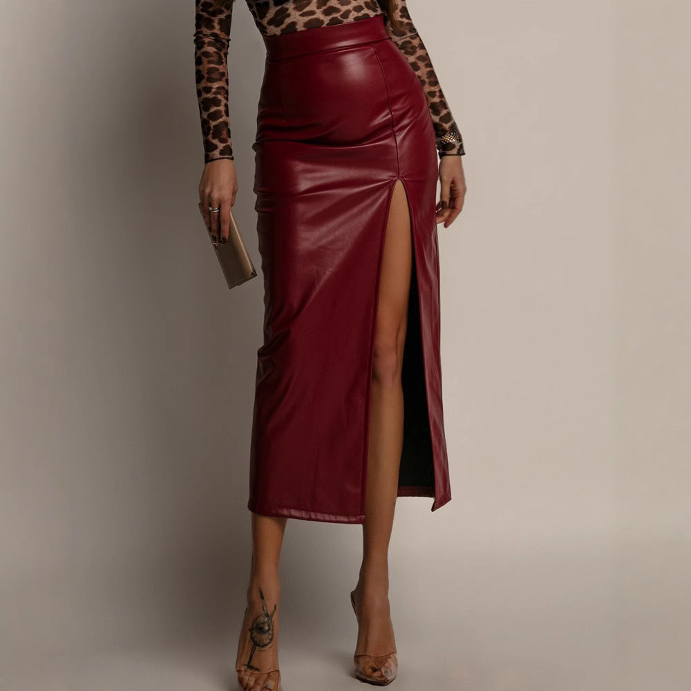 Leather Split Skirt Women Clothing High Waist Figure Flattering Sheath Leather Skirt Solid Color Skirt